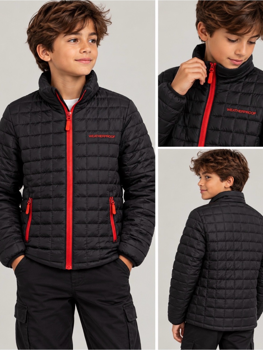 Weatherproof Kids Black Quilted Puffer Jacket with Red Trim for boy 10-12 years